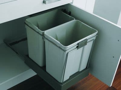 Pull-out waste bin, 2 x 30 ltr, light grey bins with dark grey lid and base